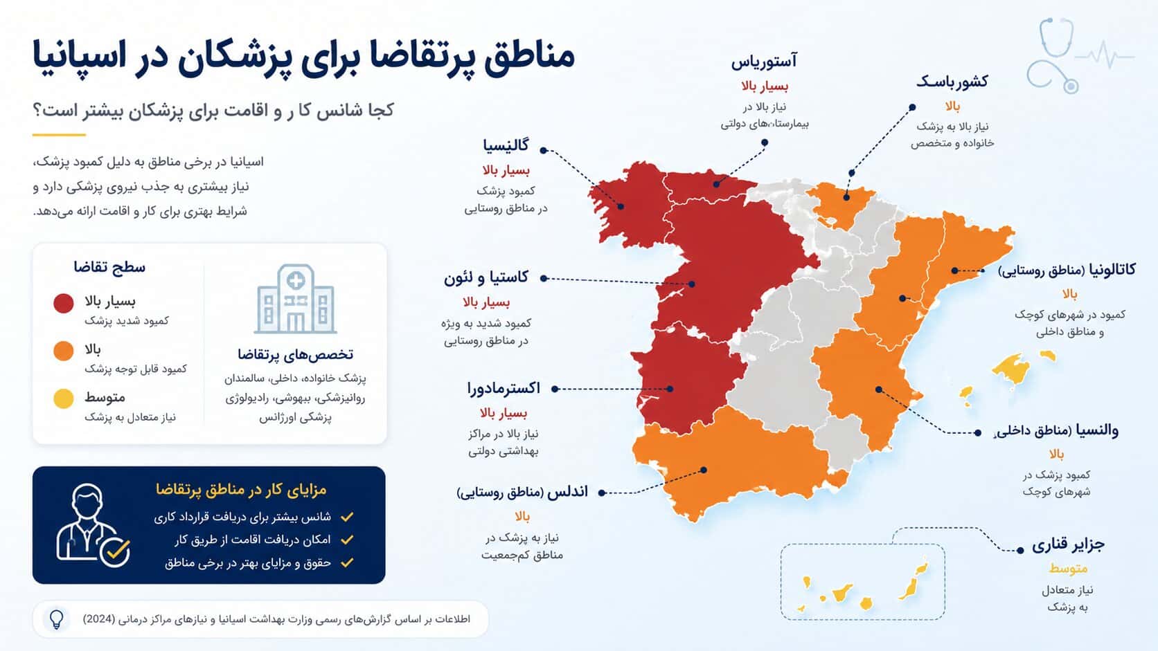 نقشه اسپانیا با مناطق پرتقاضا برای پزشکان